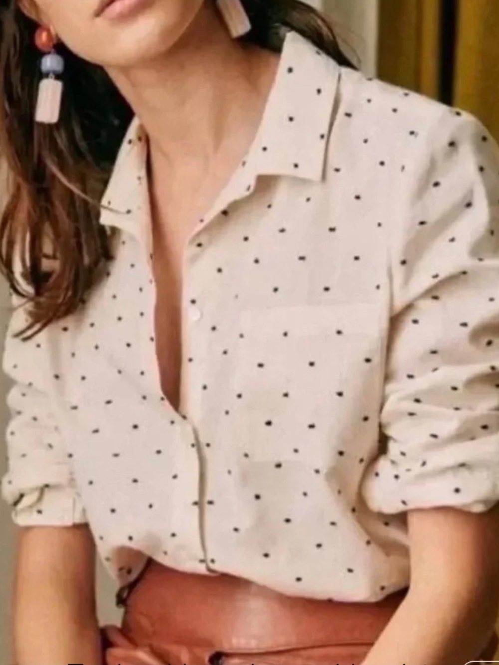Sezane Cream Button-Down Shirt with Navy Dot Print! Size 38, US 6